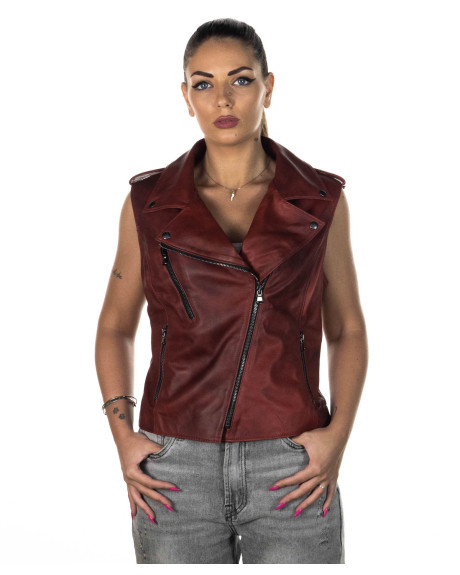 Perfecto woman vest mod. Valery bis in genuine bordeaux leather 100% made in Italy