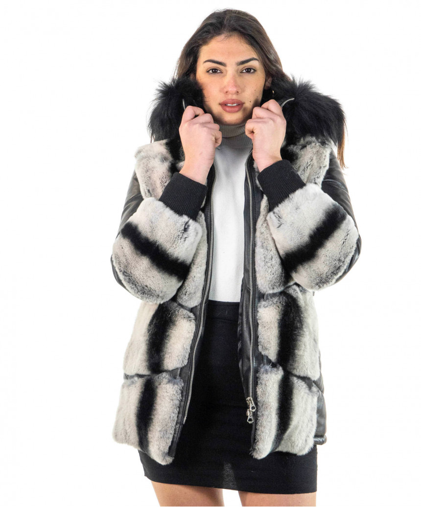 Daniela - Women's Black and White Jacket in real Leather and Fur