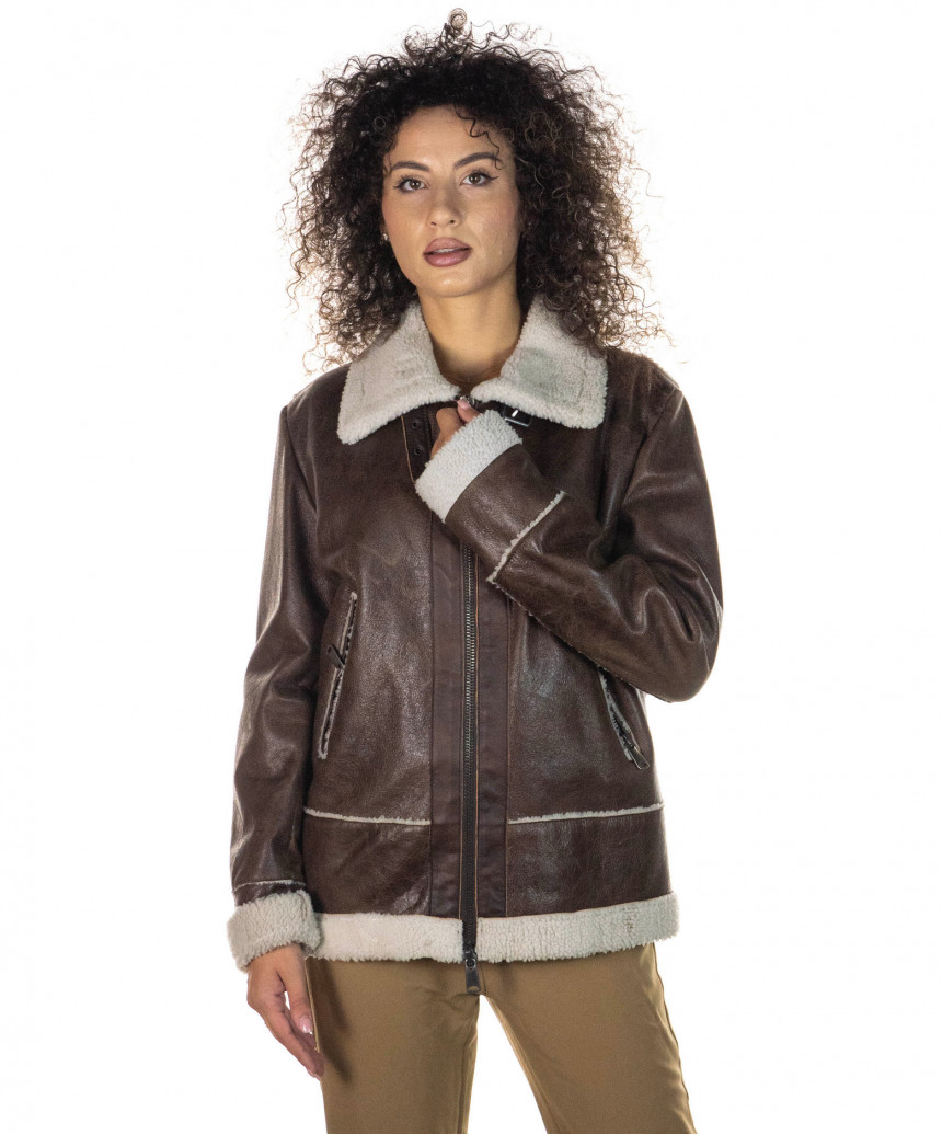 Matilde - Women's Jacket in Real Brown And White Shearling