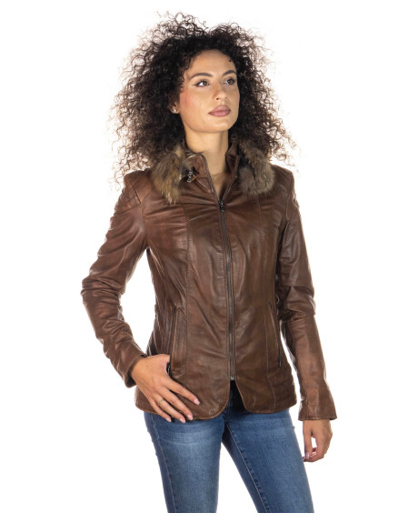 Giacca in pelle donna con cappuccio mod. T100 Cuoio in vera pelle 100% made in Italy