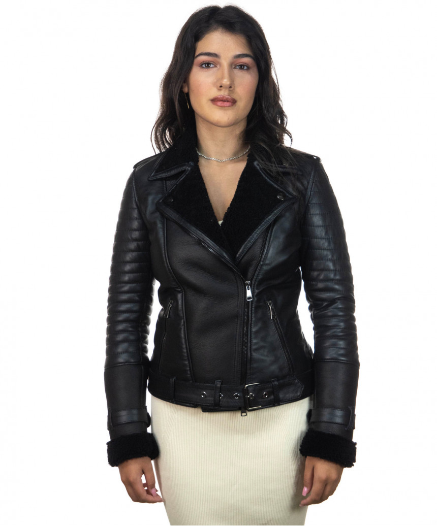 Women's Perfecto jacket in real Black Shearling and 100% made in Italy ...
