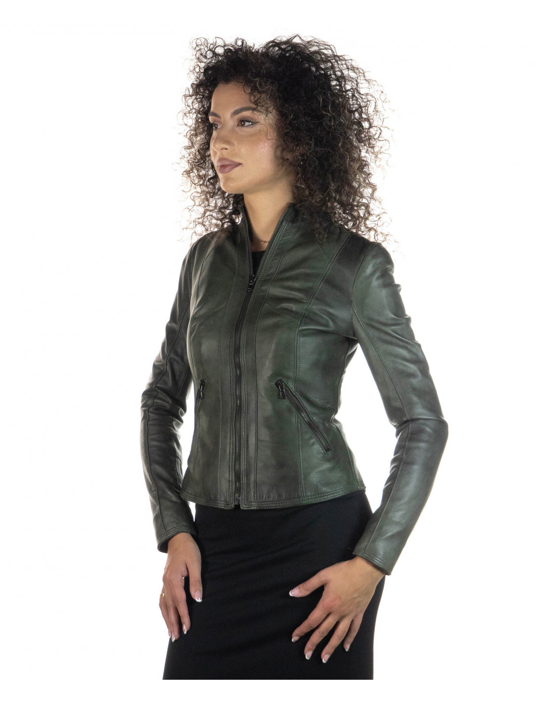 Woman jacket mod. Zara in genuine Green leather 100% made in Italy