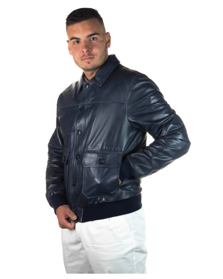 Bomber in Pelle da Uomo Blu - U03 | Leather Trend 2