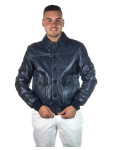 Men's Blue Leather Bomber Jacket - U03 | Leather Trend