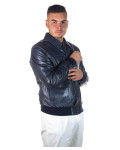 Men's Blue Leather Bomber Jacket - U03 | Leather Trend