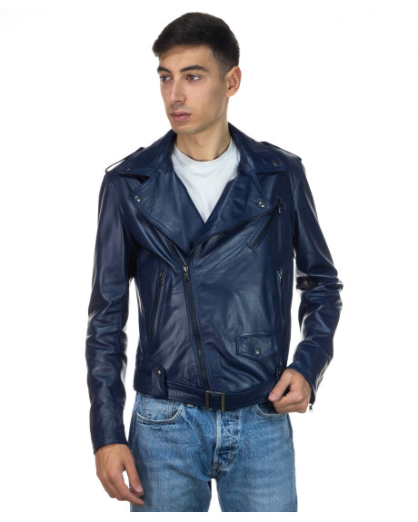 Men's Blue Leather Three-Pocket Perfecto - Armando | Leather Trend
