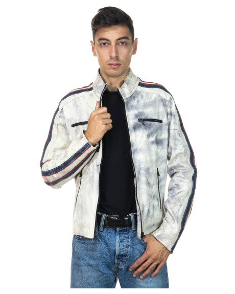 Biker in pelle Uomo mod. Biker Uomo Avorio Tamponato in vera pelle 100% made in Italy 2