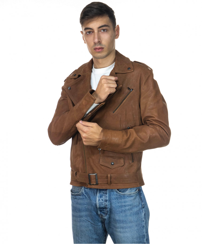 Perfecto Three Pockets - Men's jacket in Genuine Vintage Brown Leather