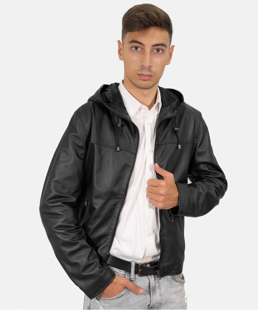 Terminator - Men's Black Hooded Jacket in Real Leather