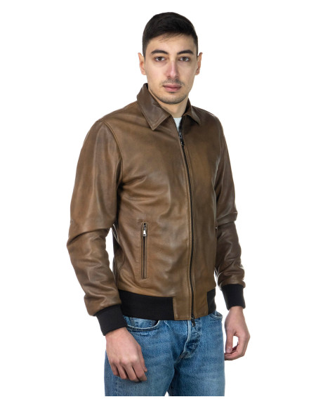 Men's Light Brown Leather Bomber Jacket - Positano | Leather Trend 2