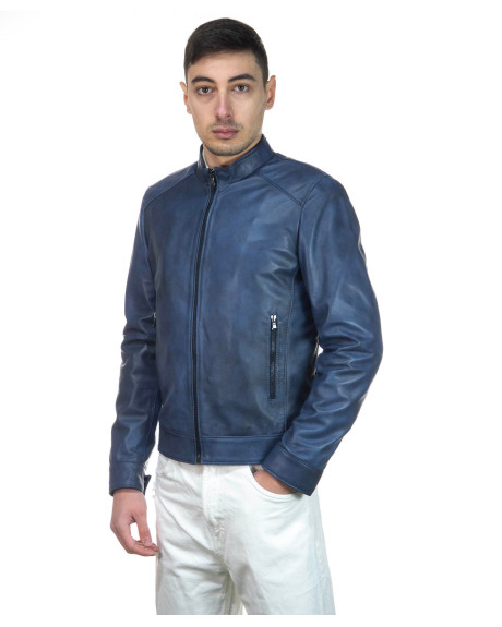 Giacca uomo mod. U08 Blu in vera pelle 100% made in Italy