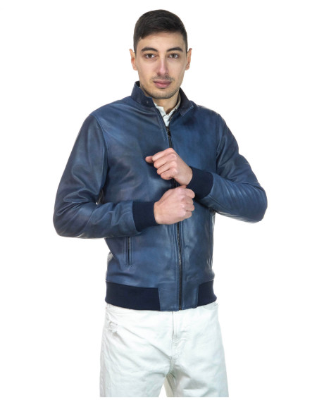 Men's Blue Leather Bomber Jacket - Napoli | Leather Trend 2