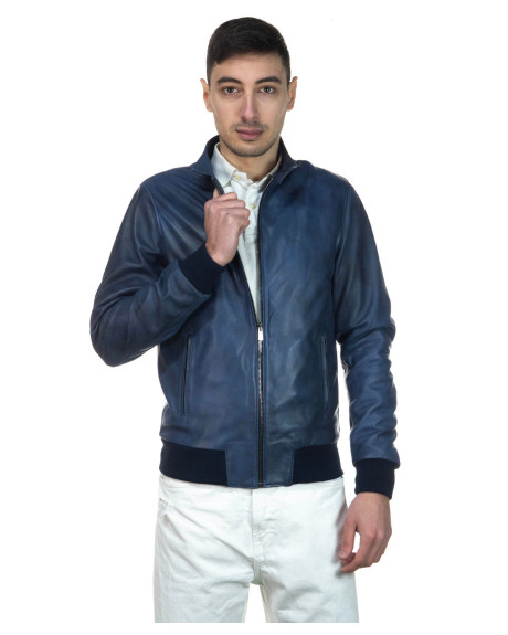 Men's Blue Leather Bomber Jacket - Napoli | Leather Trend