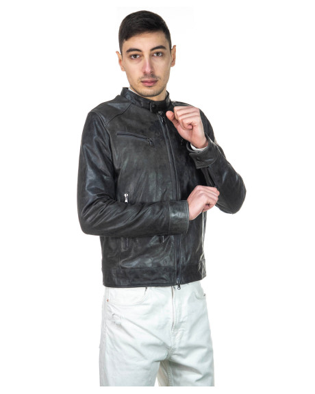 Giacca Biker Uomo Grigia in Pelle Oil - U06 | Leather Trend 2