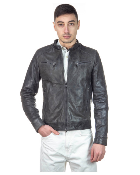 Giacca Biker Uomo Grigia in Pelle Oil - U06 | Leather Trend