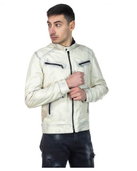 Men's White Buffered Leather Biker Jacket - U06 | Leather Trend