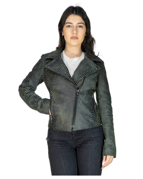 Women's Green Printed Leather Perfecto - Giselle | Leather Trend