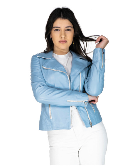 Giacca in pelle donna mod. Violetta Azzurro in vera pelle 100% made in Italy