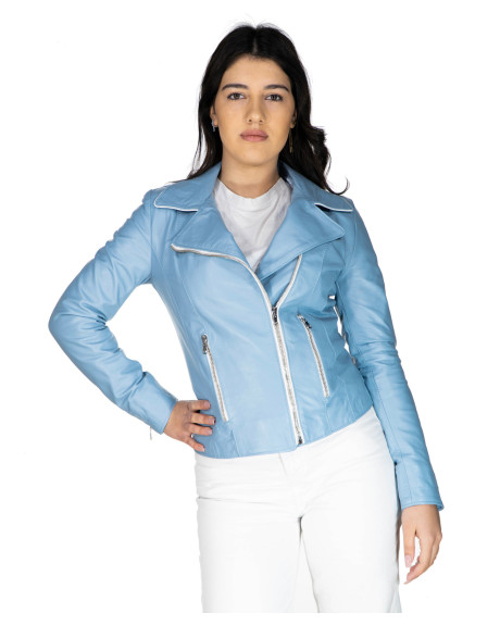 Women's Light Blue Leather Perfecto - Violetta | Leather Trend 2
