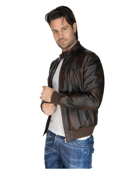 Men's Dark Brown Leather Bomber Jacket - Frank | Leather Trend 2