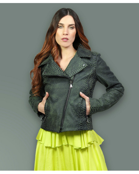 Women's Green Printed Leather Perfecto - Giselle | Leather Trend 2