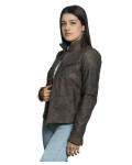 Dark Brown Buffered Leather Biker Jacket - Kelly | Leather Trend