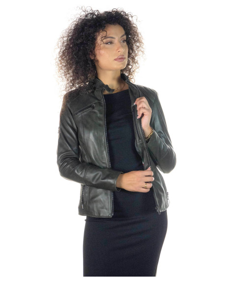 Women's Dark Green Leather Jacket - Michela | Leather Trend 2
