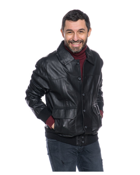 Men's Black Leather Bomber Jacket - U03 | Leather Trend 2